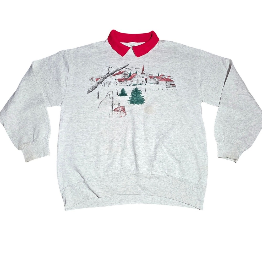 Vintage Quantum‎ Pro Sport Winter Village Sweatshirt Gray Red Collar XL